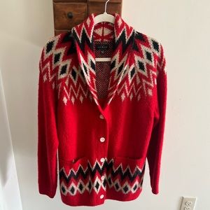 Women's Lucky Brand Red Intarsia Knit Wool Blend Fair Isle Cardigan Sweater XL